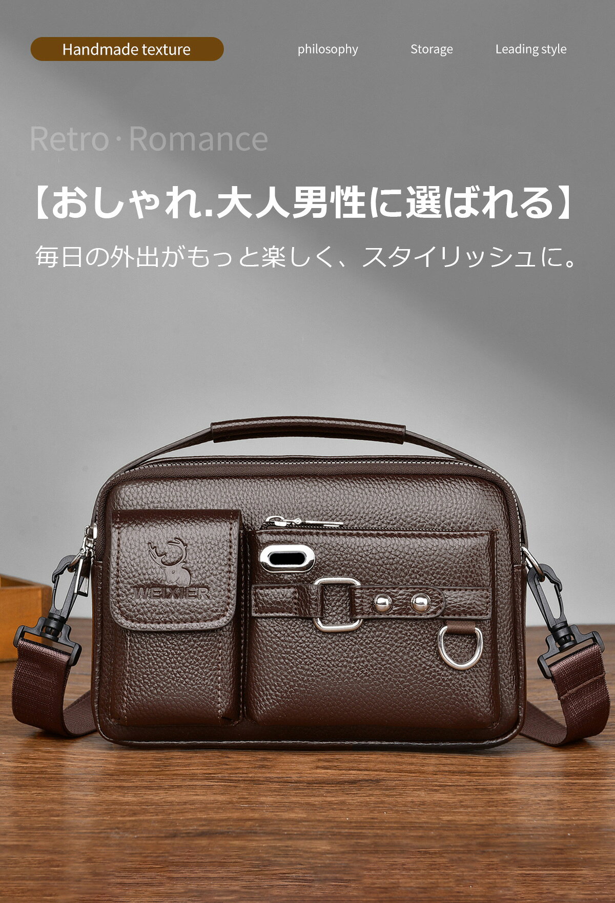 メンズショルダーバッグ レトロデザイン 本革風 PU レザー 撥水耐磨耗 大容量多収納ポケット 調節可能ストラップ メッセンジャーボディバッグ ビジネス休日カジュアル新生活に最適 クラシック ヴィンテージ カジュアルバッグ