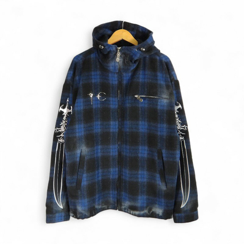THUG CLUB 24aw ARAB SWORD FLANNEL ZIP UP HOODED JACKET BLUE サイズ2 C24JK2303 サグクラブ アラブソード フランネル ジップアップ フーデッド ジャケット 大名店【中古】