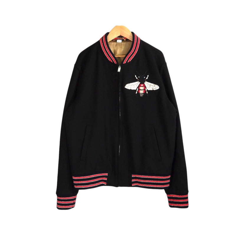 Rakuten - GUCCI 17aw BEE PATCH VARSITY JACKET BLACK サイズ56 496838 グッチ ビー パッチ バーシティ ジャケット スタジャン アウター 大名店【中古】