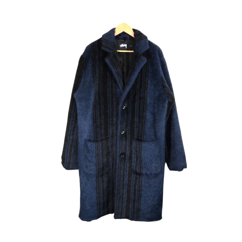 Rakuten - STUSSY FUR STRIPE OVERCOAT NAVY サイズM ステューシー ファー ストライプ オーバーコート ジャケット 大名店【中古】