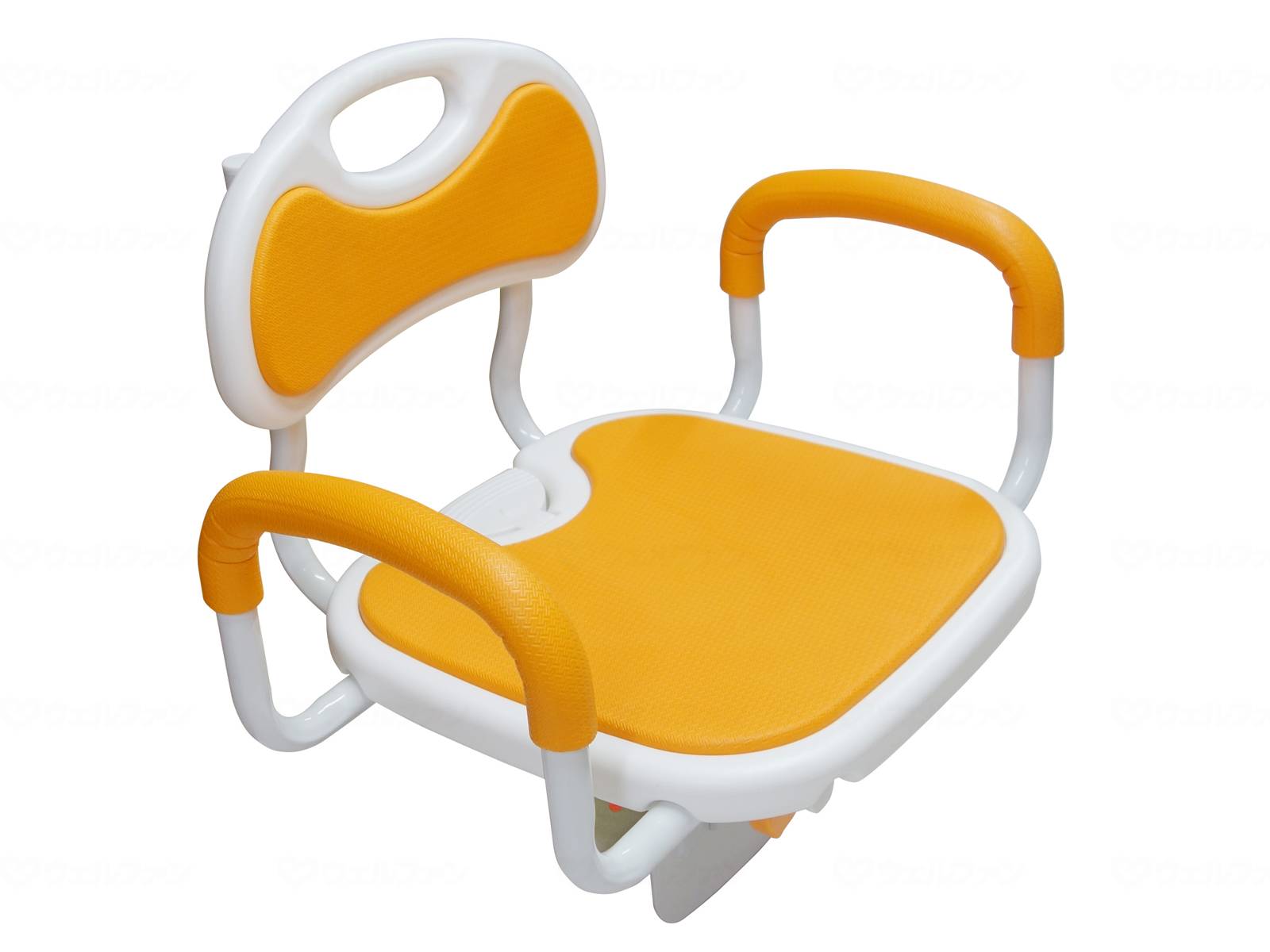 商品の仕様 ●サイズ／幅56.2×奥行42.4×高さ48cm、座面：幅37×奥行37cm、座面パッド幅：33cm、グリップ高さ：16cm ●重さ／6.6kg ●材質／アルミ、ステンレス、ポリエチレン、EVA ●取付可能サイズ／縁幅：6〜11.5cm ●最大使用者体重／100kg ●標準機能／座面回転 ●生産国／中国 商品の説明 ・ストッパー付回転座面で浴槽の出入り楽々。 ・90度毎にストッパーが効くので安定して座面への乗り降りができます。 ・ストッパー解除レバーを押して座面を回転、座りながら浴槽の出入りができます。 ・利用者や介助者に合わせて、レバーの位置は座面の前後左右どこにでも配置できます。 ・独自開発のクランプ構造で浴槽への付け外しが格段に楽になりました（特許）。ネジ解除レバーを操作するだけで締め付けネジをたくさん回さなくても付け外しが可能。