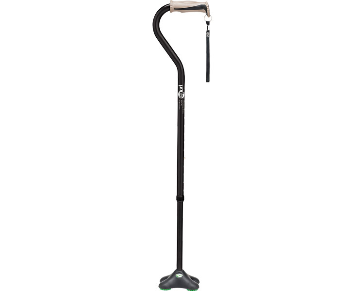 商品の仕様 ●サイズ／長さ71〜99cm（12段階／2.5cm）、グリップ長さ：12cm、ベース部：幅10.2×奥行12.4cm ●パイプ径／上部：2.2cm、下部：1.9cm ●重さ／約560g ●材質／本体：アルミ、握り手：TPR・PP、杖先：プラスチック・アルミ・TPR、ストラップ：ナイロン ●適応杖先内径／19mm ●生産国／台湾 商品の説明 ・地面をしっかりとらえる新感覚の多点杖。 ・シャフトがじゃまにならずしっかり握れます。 ・ねばりある杖先がしっかり地面をとらえます。斜めについても滑りにくい。