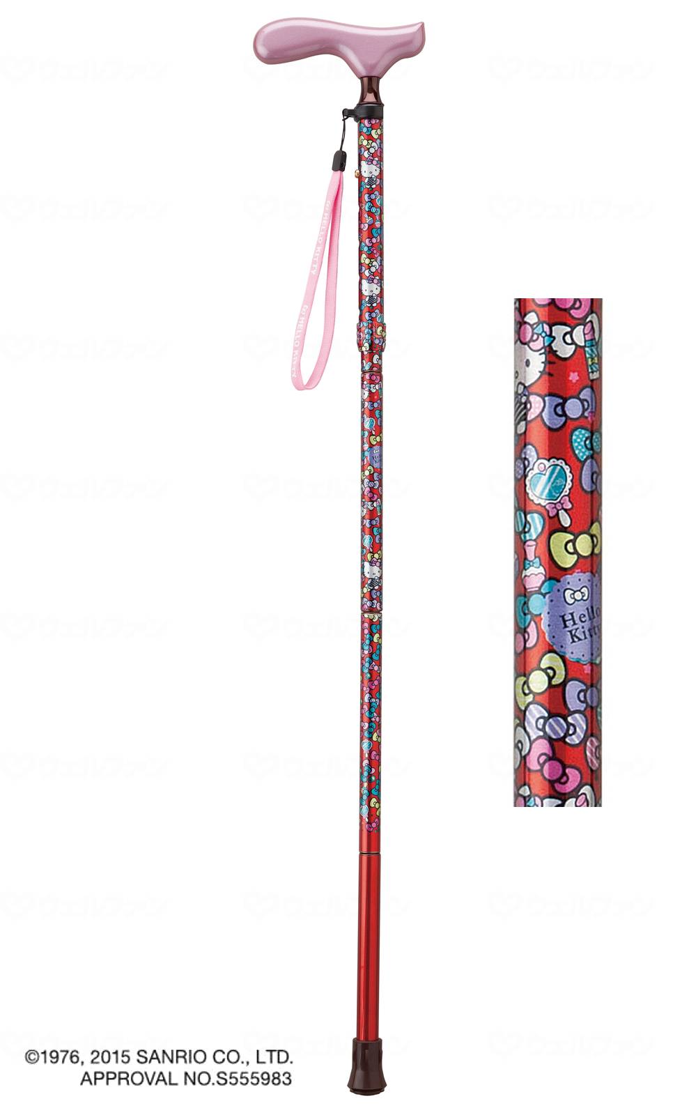 商品の仕様 ●サイズ／長さ78〜88cm、折りたたみ時：長さ26cm、ゴムチップ底径：2.9cm ●パイプ径／上部：1.9cm、下部：1.6cm ●適応身長／約150〜170cm ●重さ／305g ●材質／シャフト：アルミ合金、グリップ：木製（楓） ●付属品／ストラップ、折りたたみホルダー ●生産国／台湾 ●SGマーク取得商品 商品の説明 ・可愛いハローキティの杖。 ・握りやすいスリムネック構造。 ・オリジナルストラップ付き。