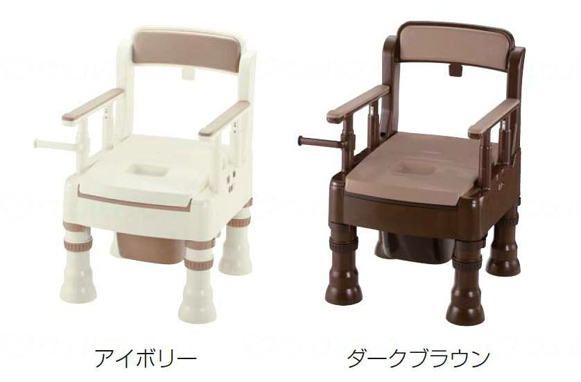 商品の仕様 ●サイズ／幅49×奥行53×高さ75〜87cm（補高脚キャスター取付時：幅52×奥行55.5cm）、座面：幅34.5×奥行42cm、穴部：幅18×奥行29cm、便座高：33〜45cm（13段階／1cm）、ひじ掛け高（便座から）：18〜30cm（5段階／3cm）、ひじ掛け内寸：40cm ●重さ／10.3kg ●材質／ポリプロピレン、ABS樹脂 ●バケツ容量／約10L ●最大使用者体重／100kg ●付属品／ラクリーンバッグ2枚 ●標準機能／ひじ掛け高さ調整、キャスター付、オイルダンパー、防汚トレイ ●生産国／日本 ●要組立 商品の説明 ・幅49cmの超コンパクトサイズ。機能も充実の樹脂製ポータブルトイレ。 ・蓋ストッパー付きで後方から介助がしやすい！ ・周囲が汚れにくいフルカバータイプの汚水受けは、外して水洗いできます。 ・設定高さが一目でわかる目盛り付き。数字に合わせて、脚部高さ調節リングを差し込みます。 ・キャスター付きなので、ラクに移動できます。補高脚にも装着できます。 ・1cmピッチで高さ33〜45cmに調節できます。補高脚を付けると5cm高くできます（補高脚を不使用時：33〜40cm、補高脚を使用時：38〜45cm）。