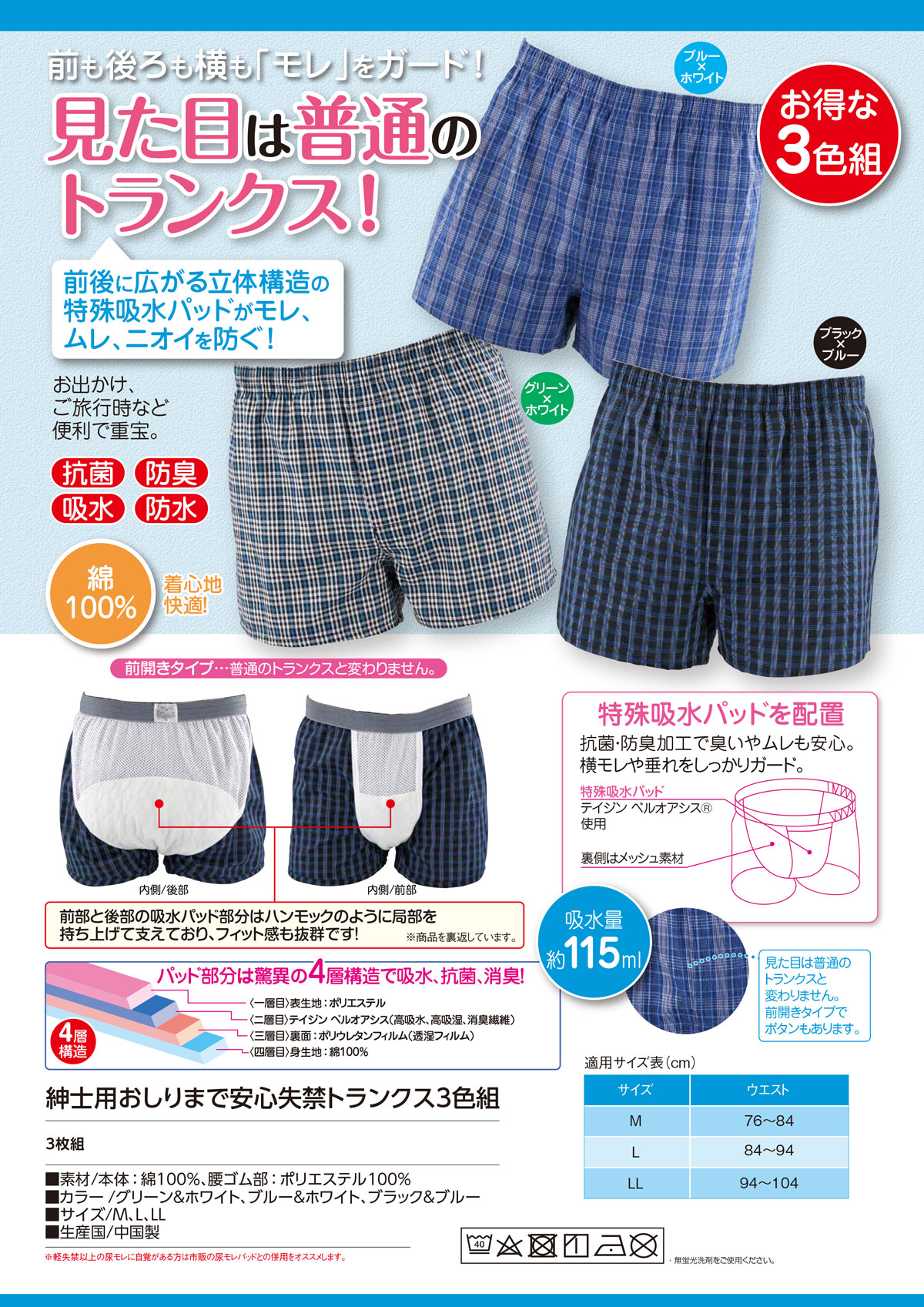 イイケア 介護と健康の通販専門店のミルクヴェッチ　紳士おしりまで安心 失禁トランクス 3枚組 LLサイズ｜アングル3