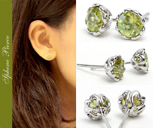 K18 スフェーン 5.0mm ピアス＜フラワーハート＞ 7月