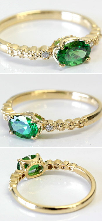 K18 18金 リング グリーンガーネット （ツァボライト） 4.0×6.0サイズ × ダイヤモンド リング ピンクゴールド・ホワイトゴールド・イエローゴールド 【RCP】