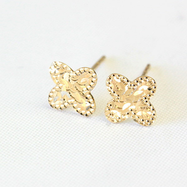 K18 フラワー デザイン ピアス ミル打ちデザイン ミルグレイン 地金ピアス クラシカル お花 ゴールド(4.0)