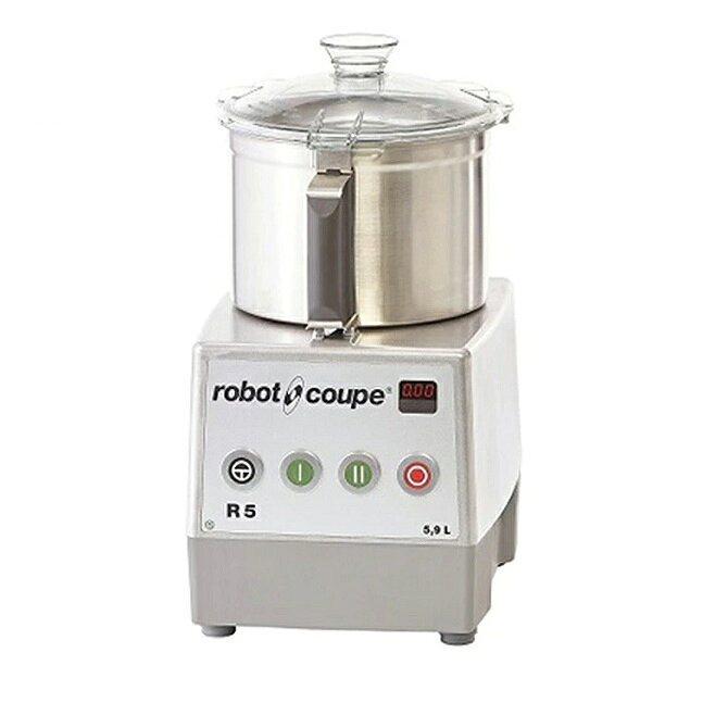 【スタッフのコメント】　■ FMI エフエムアイ 容器容量5.9L ROBOT COUPE ロボクープ カッターミキサー R-5G ●小スペースな厨房に最適な卓上型です。 ●フードプロセッサーのパイオニア、ロボクープが開発したシェフの定番で、衛生面・安全面、撹拌力、耐久性、仕上がりの品質は業界でもトップクラスです。 ●飲食店、ホテル、バンケット会場など下処理の作業に大きく貢献しています。 ●処理幅が広がる2スピードの三相200Vパワフルタイプです。 ●20～80食用です。 ●ステンレス製容器なので洗浄と殺菌がしやすく、丈夫で劣化しません。熱い食材にも対応しています。 ●プロ仕様のカッター刃はロボクープ独自の形状で均等な撹拌を実現。キャップを外して洗浄も出来ます。 ●鋭い切れ味の平刃カッターは付属の砥石で研ぐことも可能です。 ●処理具合を確認できる透明な容器蓋は、調味料用の投入口付きで、突起が少なく洗浄が容易です。 ●耐久性抜群の業務用モーターは食材処理に最適な回転数。サーモスタット機能付きです。 ●みじん切り・ミンチ、撹拌・乳化、すりつぶし・ペースト、砕く・粉砕、捏ねる、生地作りに対応しています。 ●液体物処理量：2.2L（低速回転時） ●固形物処理量目安：2～3.9L ●回転数：低速1,500r.p.m.・高速3,000r.p.m（50hz）/低速1,800r.p.m.・高速3,600r.p.m.（60hz）（無負荷時） ●質量：21.2kg（本体18.6kg＋容器・容器蓋・カッター2.6kg） ●突起物を含む外形の奥行は365mmです。 ●付属品：平刃カッター、波刃カッター ●プラグは付属していません。 ●サイズ：幅280×奥行328×高さ506mm ●質量：21.2kg ●容器容量：5.9L ●電源：三相200V　50/60Hz ●電流：6.5A ●消費電力：1.8kW（50Hz）/2.2kW（60Hz） ※モニターの発色によっては実際の色味と異なる場合がございます。