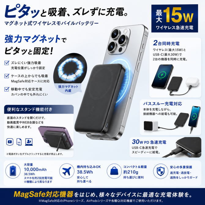 【スタッフのコメント】 【マグネット式ワイヤレス充電機能を搭載】 本体には強力なマグネットが内蔵されており、MagSafe搭載iPhoneシリーズが適切な充電位置にピタッとくっつきます。 ケーブル不要で最大15W出力の安定したワイヤレス充電が可能です。移動中のカバンの中でも充電位置がズレにくく、安全に充電を行えます。軽量なコンパクトデザインで充電中もiPhoneの操作がしやすく使い勝手が抜群です。 折りたたみスタンドを備えており、マグネット吸着で充電しながらも快適に動画鑑賞などが楽しめます。 【2台の機器に同時に給電が可能】 1つのUSB-C入出力ポートを備えたシンプルな設計。ケーブルを使用した充電とワイヤレス充電を 同時に行うことで、2台の機器へ同時充電が可能です。家族や友人と電源をシェアできるので便利です！ 【30W PDをサポートし急速充電が可能】 USB-Cポートは30W PDをサポートしており、移動中や時間のない時でもスピーディーに充電の完了が可能です。 幅広いUSB機器への急速充電に使用できます。また、パススルー充電機能を搭載しており、 本体を充電しながら機器への給電も可能です。 *iPhone8以降14までのモデルをUSB-CポートでPD急速充電をする場合は、Apple認証済みの USB-C toライトニングケーブルをご使用ください。10000mAh モバイルバッテリー マグネット式 ワイヤレス 2台同時充電 MagSafe 急速充電 PSEマーク取得 iPhone 17 iPhone 16 android AUKEY オーキー グレー PB-MS06 ※AUKEY（オーキー）は、高い技術力とスタイリッシュなデザインを武器に、世界60カ国以上で展開しているグローバル電子機器メーカーです。2005年にドイツで創業。その後、製造・開発のスピード感を求めて、デジタル機器の聖地である中国・深センに本社を移転しました。GoogleやMotorola出身のエンジニアたちによって立ち上げられた背景があり、技術革新に定評があります。 【マグネット式ワイヤレス充電機能を搭載】 本体には強力なマグネットが内蔵されており、MagSafe搭載iPhoneシリーズが適切な充電位置にピタッとくっつきます。 ケーブル不要で最大15W出力の安定したワイヤレス充電が可能です。移動中のカバンの中でも充電位置がズレにくく、安全に充電を行えます。軽量なコンパクトデザインで充電中もiPhoneの操作がしやすく使い勝手が抜群です。 折りたたみスタンドを備えており、マグネット吸着で充電しながらも快適に動画鑑賞などが楽しめます。 【2台の機器に同時に給電が可能】 1つのUSB-C入出力ポートを備えたシンプルな設計。ケーブルを使用した充電とワイヤレス充電を 同時に行うことで、2台の機器へ同時充電が可能です。家族や友人と電源をシェアできるので便利です！ 【30W PDをサポートし急速充電が可能】 USB-Cポートは30W PDをサポートしており、移動中や時間のない時でもスピーディーに充電の完了が可能です。 幅広いUSB機器への急速充電に使用できます。また、パススルー充電機能を搭載しており、 本体を充電しながら機器への給電も可能です。 *iPhone8以降14までのモデルをUSB-CポートでPD急速充電をする場合は、Apple認証済みの USB-C toライトニングケーブルをご使用ください。 【商品仕様】 容量: 10000mAh / 38.5Wh バッテリータイプ: リチウムポリマー（Li-Polymer） USB-C in／入力: 5V 3A / 9V 2A / 12V 1.5A (18W Max) USB-C out／出力: 5V 3A / 9V 3A / 12V 2.5A / 15V 2A (30W Max) Wireless Out／ワイヤレス出力: 15W / 10 W / 7.5W / 5W (iPhone向け最大15W対応) 合計最大出力：30W (Max) 寸法: 約109 x 68 x 19.2mm 重量: 約210g ・PSマークの種類：丸形PSEマーク：特定電気用品以外の電気用品 ・届出事業者名：TD SYNNEX株式会社