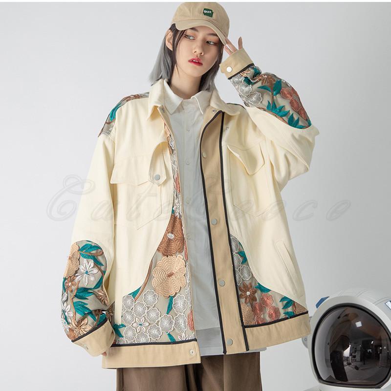 レディース ステンカラーコート レース 刺繍 折り襟 長袖 トップス カジュアル ボタン付き ゆったり きれいめ おしゃれ