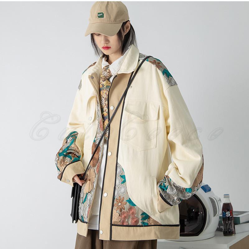 レディース ステンカラーコート レース 刺繍 折り襟 長袖 トップス カジュアル ボタン付き ゆったり きれいめ おしゃれ