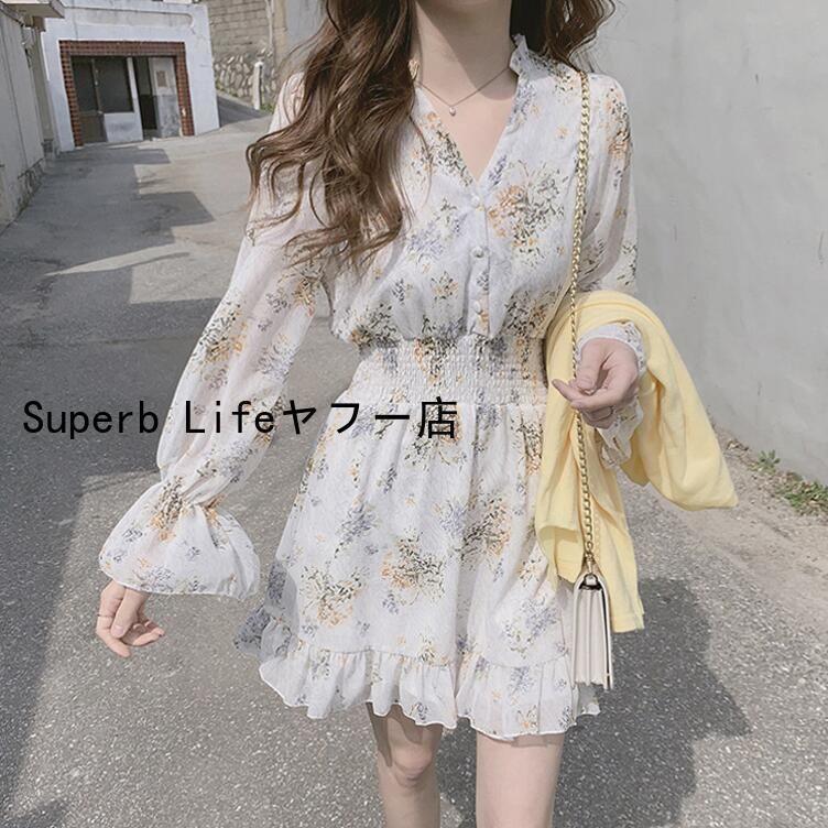 長袖シフォンワンピース 花柄ワンピース　ミニワンピ　長袖　春ワンピース　ミニ丈　膝上丈　ミニワン..