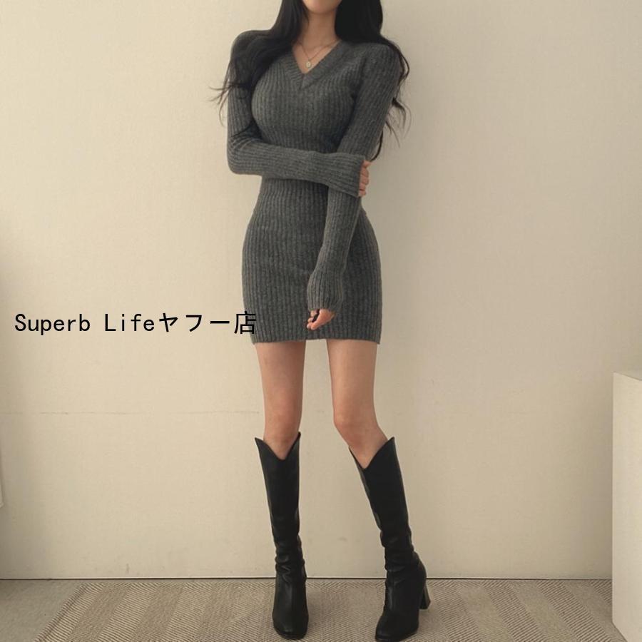 ニットワンピース レディース 女性 婦人 ワンピース ミニ丈 ショート丈 タイト スリム Vネック 長袖 リブ 単色 ブラック グレー ベージュ おし