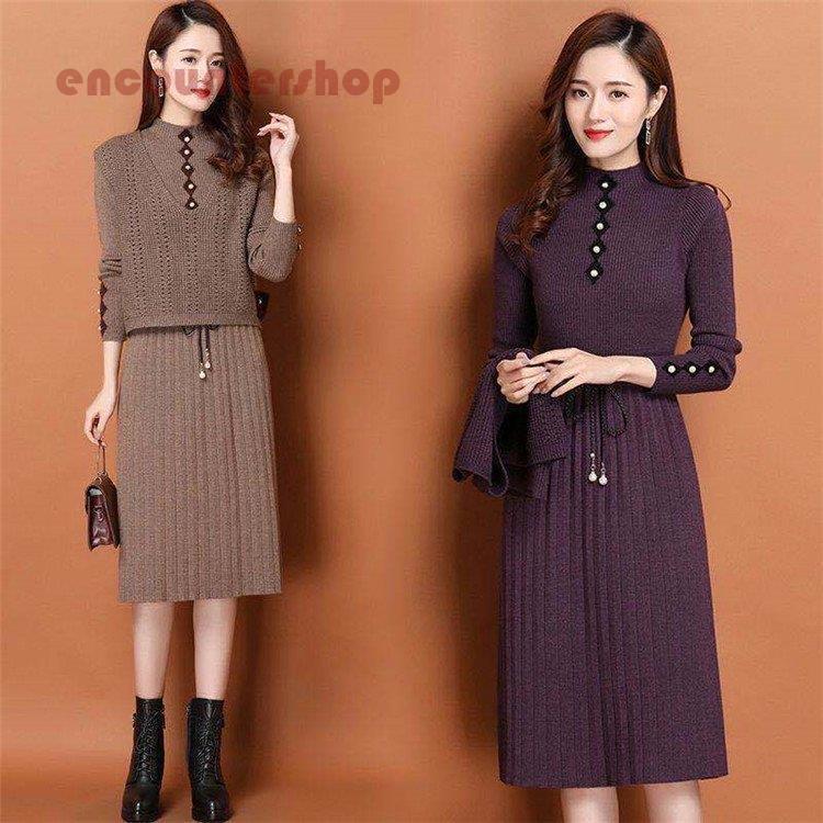 2点セット ニットワンピース レディース 40代 秋冬 セーター メリヤス ワンピース セットアップ ベスト..