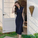 ワンピース タイト ワイドリブ 全3色 キーネック ノースリーブ リブニット サイドスリット ミディアム丈 膝丈 オフィスカジュアル 春 夏
