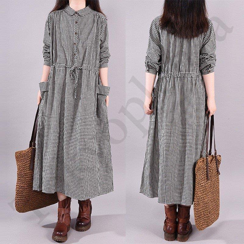 ワンピース レディース 春 aライン 長袖 OL 40代 綿麻混 体型カバー ママ ロング丈 折り襟 チェック柄 ゆったり ゆるっと お洒落 通勤 カジュアル 30代