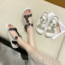 ビジューサンダル クリアサンダル レディース 厚底サンダル 透明 花飾り かわいい 美脚 歩きやすい リゾートサンダル 旅行 疲れない ビーチサンダル(4)