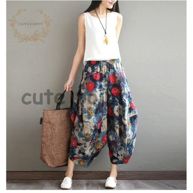 サルエルパンツ エスニック ウエストゴム 花柄 綿麻 レディース 九分丈 アジアン ワイドパンツ ジョガ..