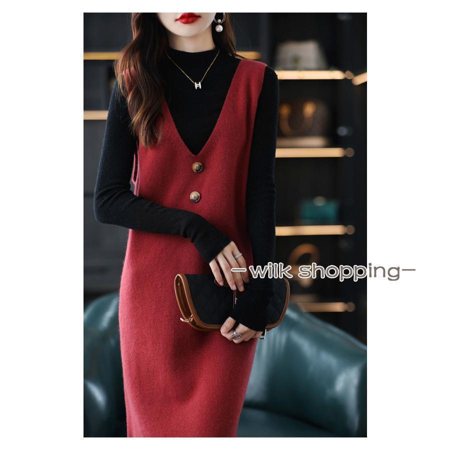 ニットワンピース ベストワンピース vネック レディース 秋冬 プルオーバー ニットベスト