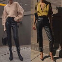 レザーパンツ レディース フェイクレザー パンツ ロングパンツ テーパードパンツ 九分丈 おしゃれ 秋 冬 ボトムス ストレート ゆる ワイドパンツ きれいめ