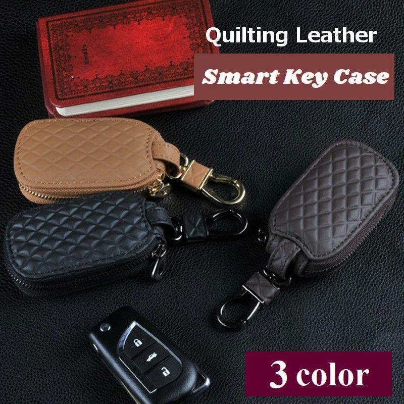 キーケース スマートキーケース スマートキーカバー キーホルダー 鍵入れ フック付き ファスナー レザー キルティング 型押し 高級感 シンプル コン