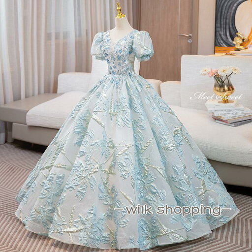 カラードレス プリンセスライン 青 ブルー パフスリーブ 半袖 上品 ロングドレス ウェディングドレス 結婚式 二次会 花嫁 前撮り 演奏会 発表会 ステージ衣装 カラードレス プリンセスライン 青 ブルー パフスリーブ 半袖 上品 ロングドレス ウェディングドレス 結婚式 二次会 花嫁 前撮り 演奏会 発表会 ステージ衣装