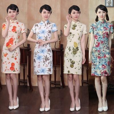 チャイナドレス 花柄 半袖 無地 錦素材 ショート丈 チャイナ服 ミニチャイナドレス パーテイ衣装 ワンピース 綿 通気性 レトロ 大きいサイズ 新作