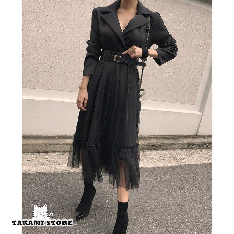 切り替えワンピース パーティードレス 結婚式 お呼ばれドレス 長袖 袖あり チュール ワンピース ミモレ丈 カシュクール 黒 大きいサイズ 韓国 ウエストマーク