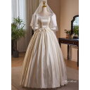 ウェディングドレス ロングドレス プリンセスドレス Aラインドレス 半袖 パフスリーブ 二次会 結婚式 前撮り 花嫁 ウエディングドレス サテン ブライダル