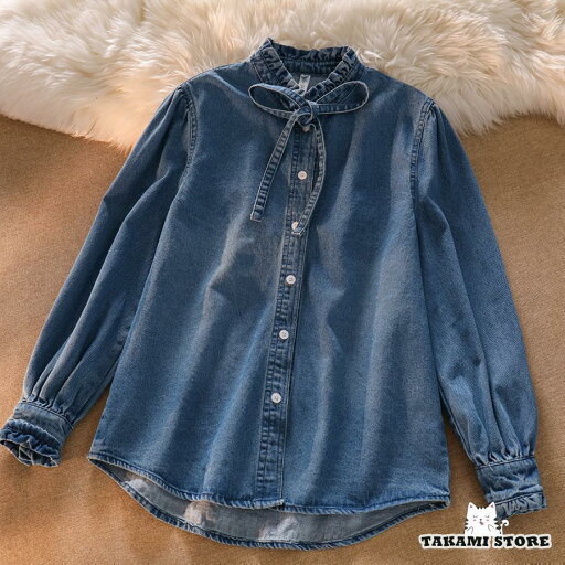 ブラウス レディース トップス シャツ デニム 立ち襟 フリル リボン ボウタイ 長袖 春 春服 ブラウス レディース トップス シャツ デニム 立ち襟 フリル リボン ボウタイ 長袖 春 春服