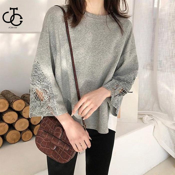 Tシャツ カットソー 切り替え ブラウス レディース 七分袖 透かし彫り レース 異素材 ゆったり トップス 刺繍 後ろ姿可愛い 春 夏