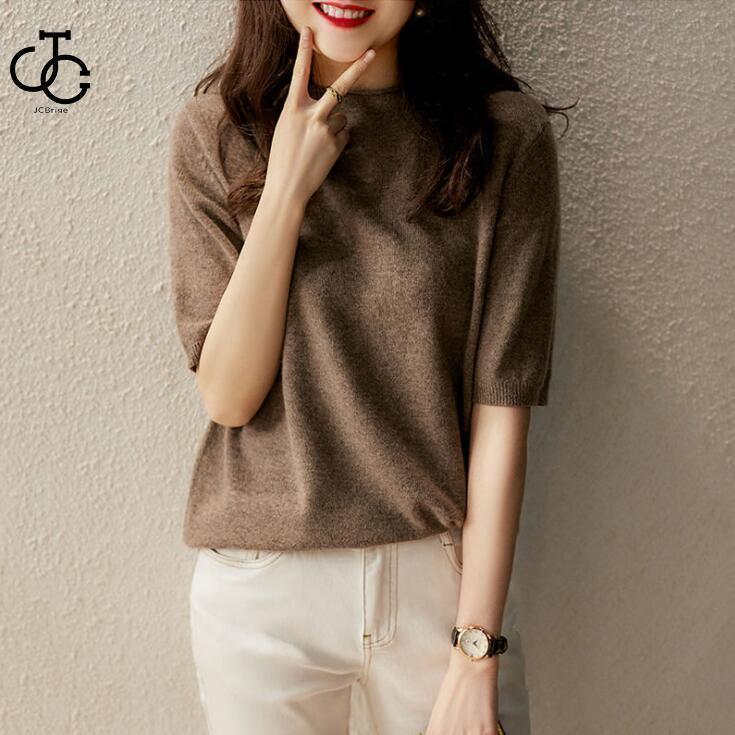 Tシャツ 半袖ニット Tシャツ レディース 5分袖 無地 サマーニット 薄手 ゆったり 通勤 大きいサイズ 春 夏 ニットソー ブラウス ストレッチ