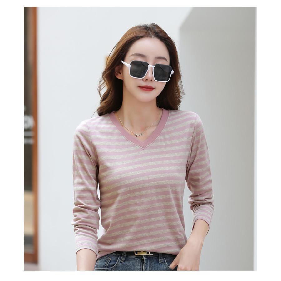 tシャツ レディース 長袖 Vネック シャツ ストライプ インナー 大きいサイズ おしゃれ シンプル 部屋着 ゆったり 春 秋 冬