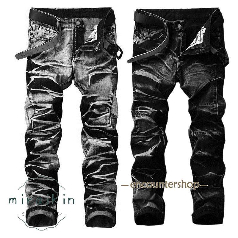 ジーンズ メンズ デニムパンツ 細身 アメカジ お兄系 カジュアル ジーパン スリム かっこよく 個性的 欧米風 ボトムス 春秋 伸縮 無地 脚長シルエット 紳士