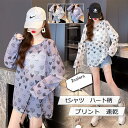 tシャツ レディース 長袖Tシャツ ハート柄 プリント 丸首 速乾 透け感 トップス カジュアル ゆったり 通気性 快適 通勤 通学 春夏秋 おしゃれ