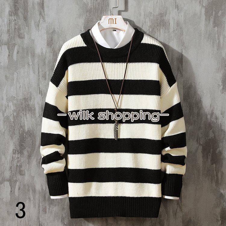 メンズセーター モックネック フリース ふわふわ ニット セーター ストライプ柄 通勤 通学 あったか お..