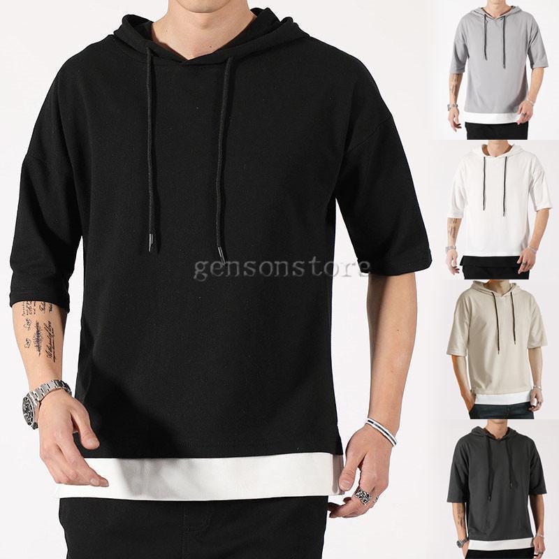 半袖 パーカー メンズ パーカーTシャツ カットソー プルオーバー フード付き 無地 重ね着 おしゃれ サマー トップス ゆったり 薄手 7分袖 パーカー