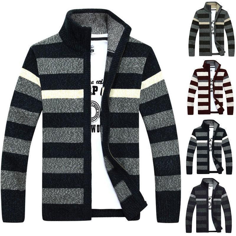 メンズ ニット カーディガン ジップアップ ケーブル編み込み ジップアップニット セーター ボーダー柄 ..