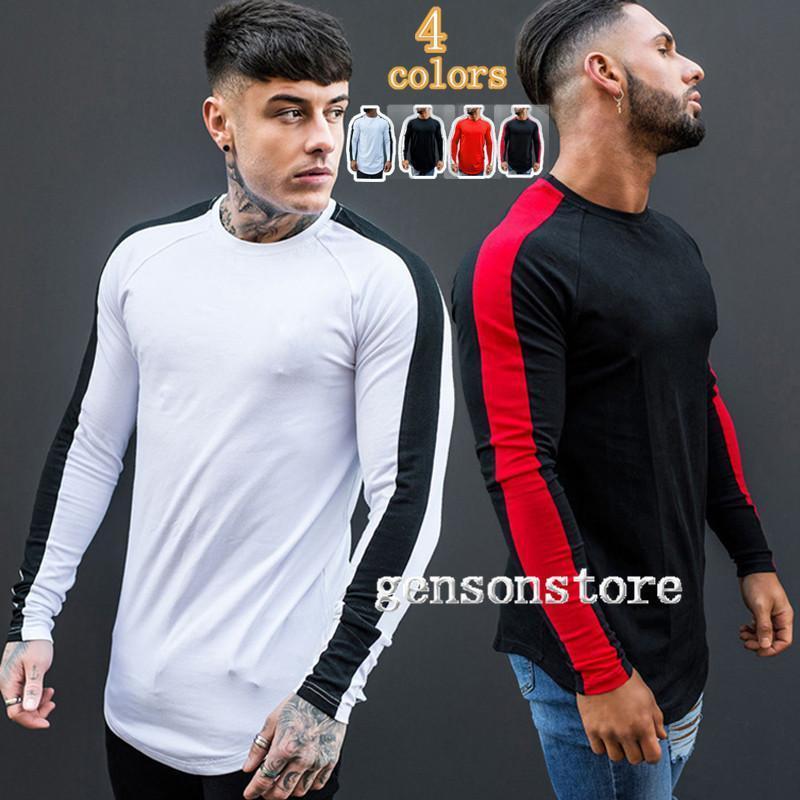 メンズ ラウンドネック カットソー カジュアル ジム スポーツ 配色 インナー フィットネス 長袖 Tシャ..