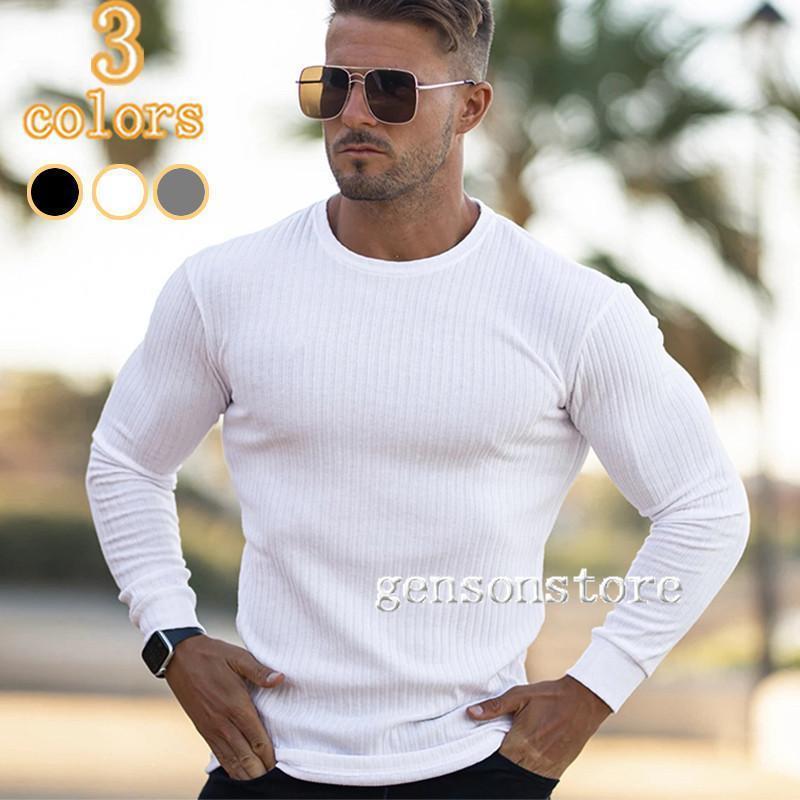 ニットソー トップス リブ編み メンズ ラウンドネック 秋冬 薄手 ロングT インナー 長袖 シンプル スリ..