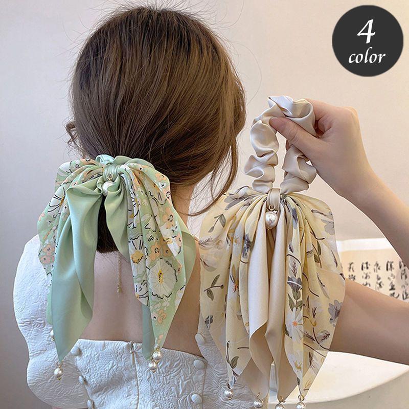 シュシュ リボン付き 単品 ヘアゴム ヘアアクセサリー レディース 花柄 フラワー フェイクパール 髪飾り 髪留め まとめ髪 ヘアアレンジ おしゃれ