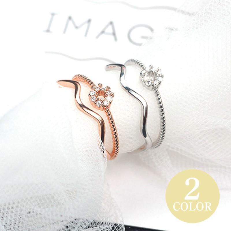 指輪 リング アクセサリー レディース オープンリング ラインストーン おしゃれ 可愛い 女性用 ギフト プレゼント 贈り物 シルバー ローズゴールド(4)