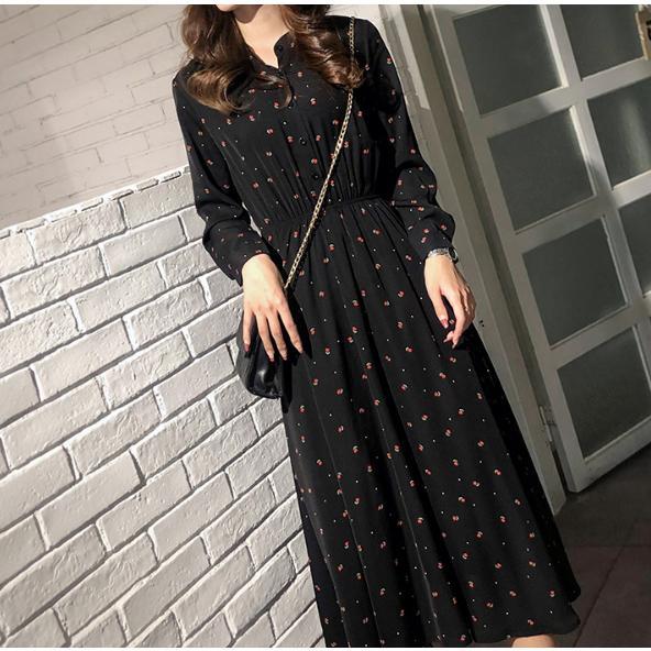 ワンピース ロングワンピース レディース 春 秋 ドット柄 マキシワンピース 長袖 Aラインワンピ カジュ..