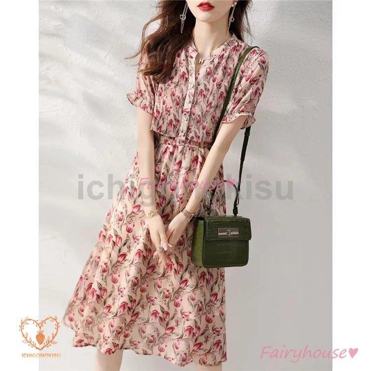 シフォンワンピース レディース 40代 キレイめ 花柄 膝丈ワンピース 春夏 半袖ワンピース シフォン Aライン オシャレ 上品 着痩せ