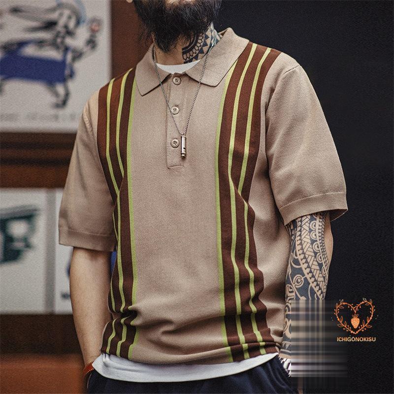 サマーニット ポロシャツ メンズ 半袖 ストライプ柄 ニットシャツ ゴルフ 大きいサイズ おしゃれ アメカジ カラー配色 半袖ポロ スポーツ サマー 夏 夏服