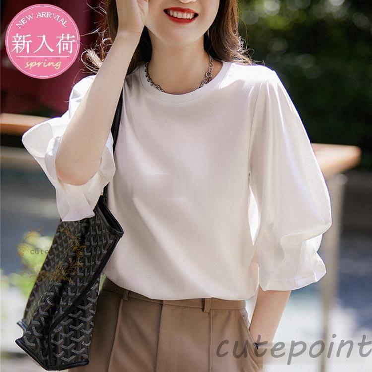 Tシャツ トップス レディース きれいめ 40代 半袖トップス 白インナー オシャレ ブラウス tシャツ 綿 大きいサイズ 着痩せ 韓国風 30代 50代