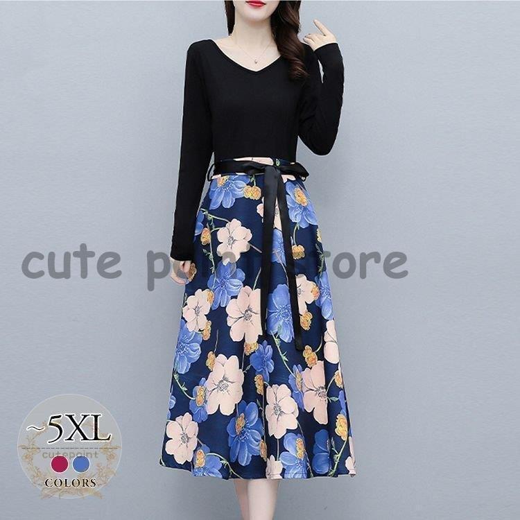 楽天ECフェンスショップワンピース プリント柄 花柄 Vネック ウエスト切替 大きいサイズ カジュアルウェア ガーリー デート ママスタイル 学校行事 ママ 上品