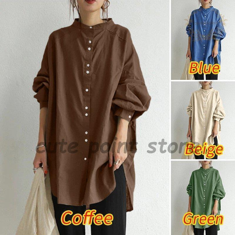 ブラウス シャツ レディース トップス 日焼けとめ ワイシャツ ロングシャツワンピース 長袖 コットン とろみ 通勤 着痩せ 立ち襟