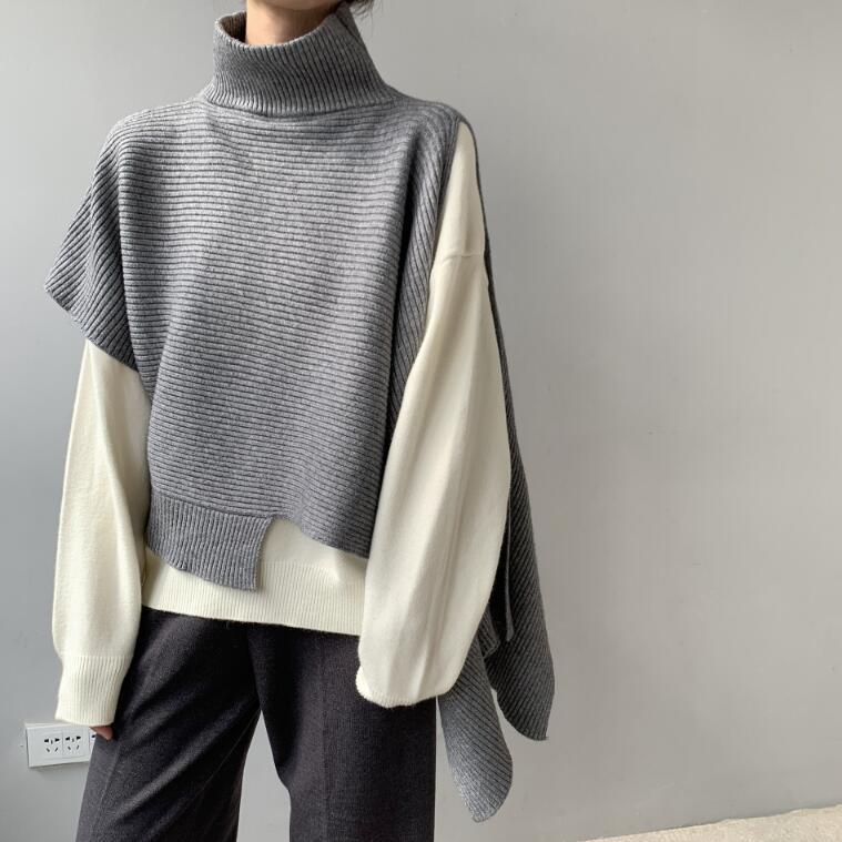 ニットベスト レディース ベスト 半袖 アシンメトリー 変形 アシメ ニット セーター タートルネック チョッキ 秋冬 ケープ プルオーバー 大きいサイズ